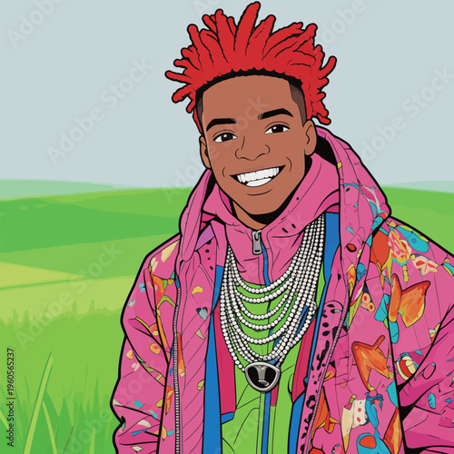 Artist with red hair smiles while standing in a green field during daylight wearing colorful clothing and jewelry