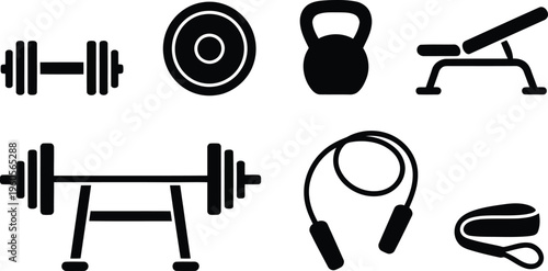 Stylized black silhouettes representing popular exercise and weight training equipment