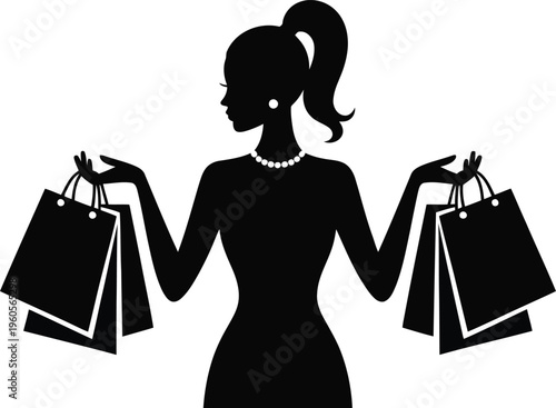 Stylish womans silhouette holds multiple shopping bags after a successful retail therapy excursion on white