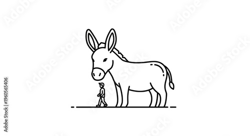 Minimalist line illustration of tiny person beside giant donkey, emphasizing scale and unique