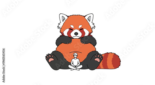 A serene moment of a small person meditating with a giant peaceful red panda, promoting inner calm