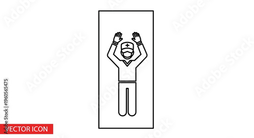 Monochrome outline icon of medical personnel in protective gear with raised hands gesture