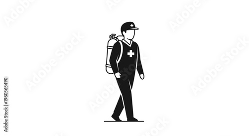 Emergency medical professional in uniform carrying life-saving oxygen equipment icon