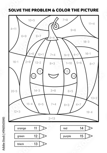 Solve the problem, color the picture. Kawaii pumpkin. Black and white. Coloring book. Addition, Subtraction. Coloring book. Isolated vector illustration eps 10