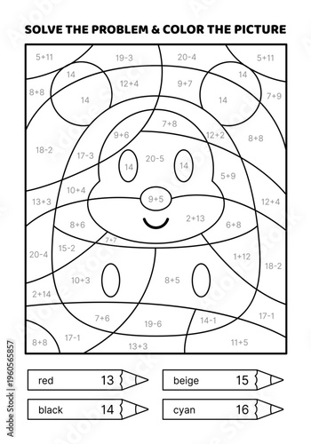 Solve the problem, color the picture. Kawaii black mouse. Black and white. Coloring book. Addition, Subtraction. Coloring book. Isolated vector illustration eps 10