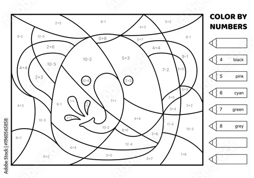 Solve the problem, color the picture. Kawaii elephant. Black and white. Coloring book. Addition, Subtraction. Coloring book. Isolated vector illustration eps 10