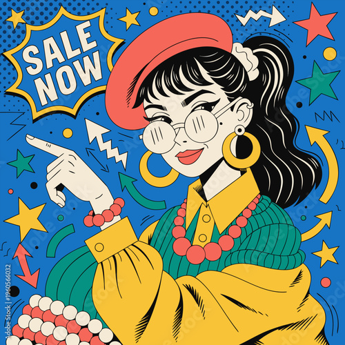 Trendy Pop Art Illustration of a Stylish Woman Pointing to a Sale Now Speech Bubble for Retail Marketing and E-commerce Promotions
