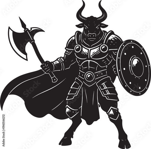 Bull warrior with armor and weapons standing strong
