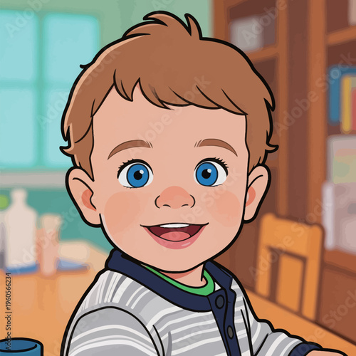 Smiling child sits at a table in a bright room during daytime while looking at the viewer with a joyful expression and tousled hair