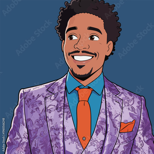 Man in a colorful suit smiles while standing against a blue background during a joyful event