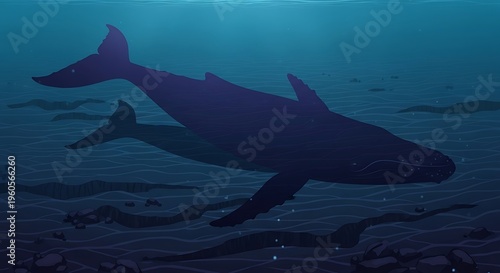 Large shark swimming underwater ocean depths.