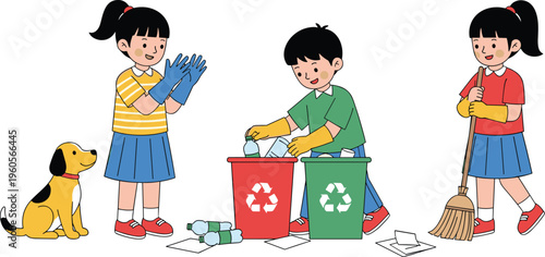 Kids cleaning and recycling waste cartoon vector illustration with children sorting trash and promoting eco friendly environmental protection concept