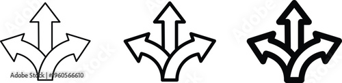 Three-way split arrow icons in various line weights, decision making direction symbols, black and white vector set for navigation and choice