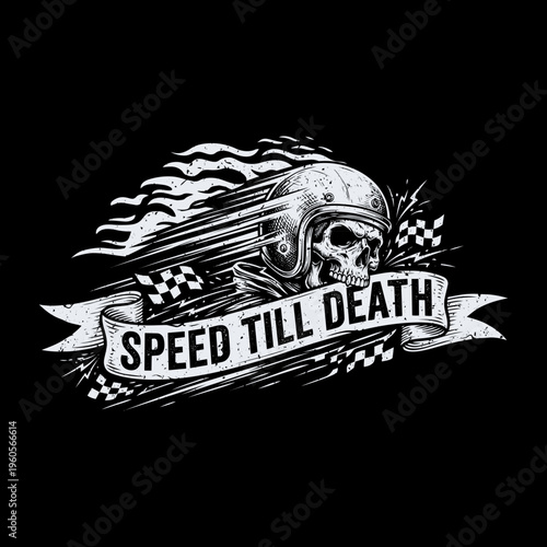 Vintage Speed Till Death Biker Skull - Dynamic Racing Illustration