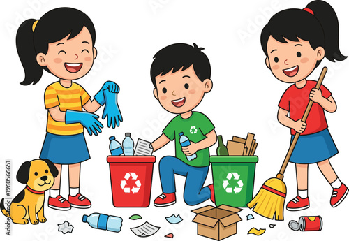 Kids cleaning environment and recycling waste cartoon vector illustration with children picking trash sorting garbage and promoting eco friendly lifestyle