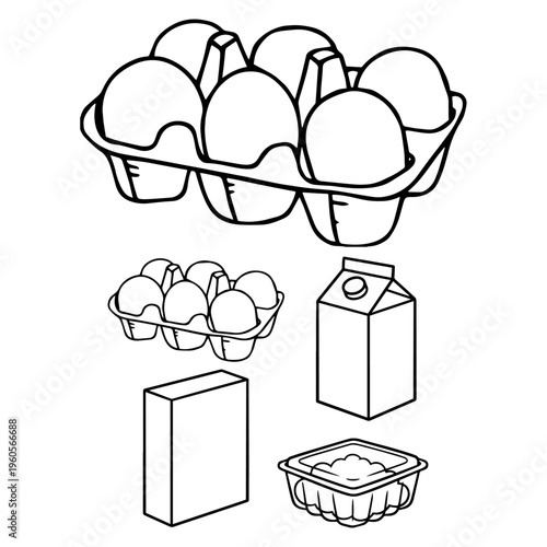 Dairy products and farm fresh food silhouettes, set of eggs, milk bottles and carton icons