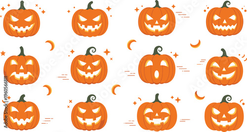 Halloween pumpkin faces colorful set spooky jack o lantern expressions cute vector illustration autumn holiday design collection