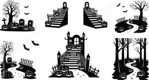 Halloween spooky scenes silhouette set haunted house graveyard pumpkins bats dark forest vector illustration collection design