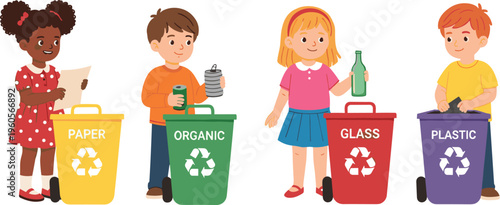 Kids sorting waste into recycling bins for paper organic glass and plastic cartoon vector illustration for environmental education and eco concept