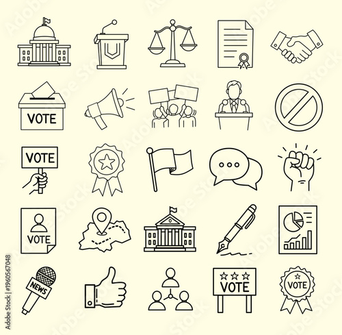 Politics and Election Line Icon Set - Government, Voting, and Democracy Vector Symbols