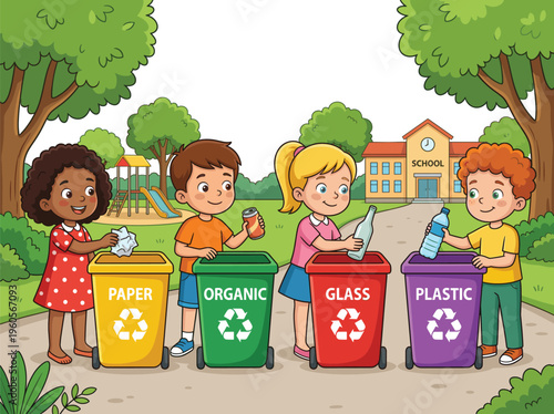 Kids sorting waste into recycling bins for paper organic glass and plastic environmental education cartoon vector illustration for eco friendly lifestyle