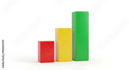 Growing bar chart of red yellow green blocks on white background, business growth data visualization 3D concept, rising trend, market data, graphic design, 3D render