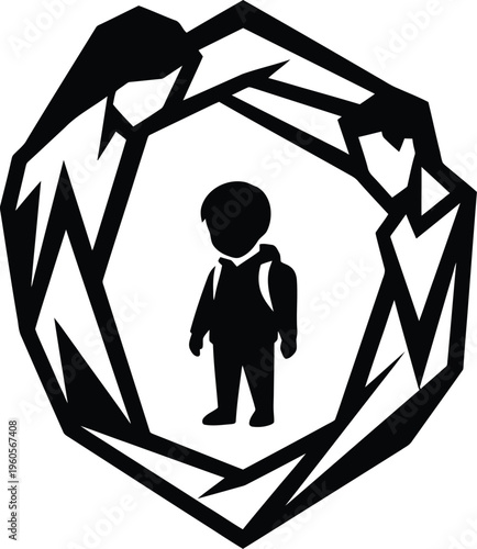 Black vector child enclosed angular frame parent shapes icon protection family support minimal abstract geometric design white background illustration