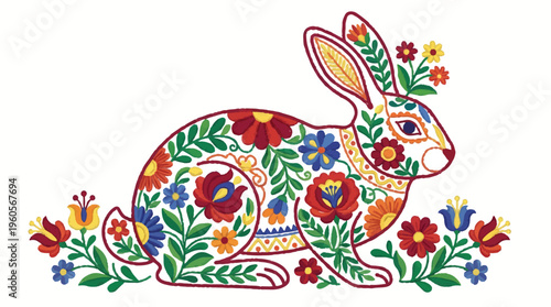 Folk art Easter bunny vector illustration, traditional floral embroidery style rabbit, colorful spring animal with decorative flowers and leaves