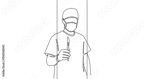 Minimalist continuous line art of a surgical professional holding a scalpel in a sterile environment