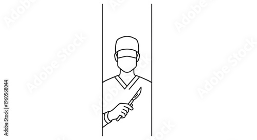 Minimalist line illustration of a medical professional prepared for surgery holding a sharp