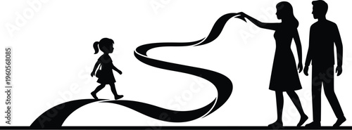 Black vector child following ribbon path parent silhouettes icon guidance journey growth family minimal abstract design white background illustration