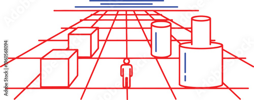 Red and blue of a person standing in a room with cylindrical and a grid human figure