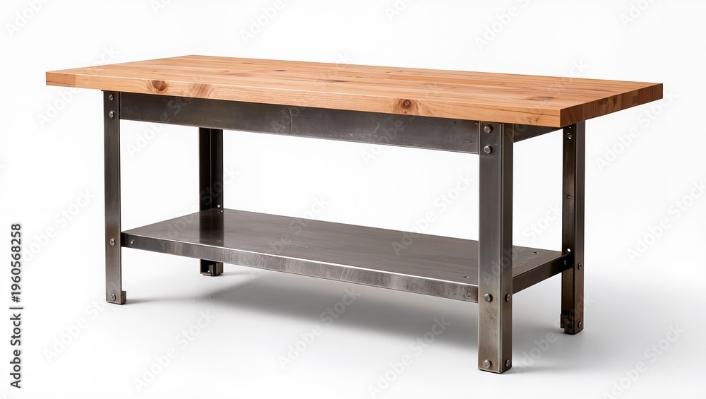 Fototapeta premium Heavy duty industrial workbench with solid wood top and metal frame isolated on white background
