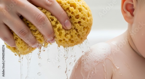 Baby taking a bath with sponge.
