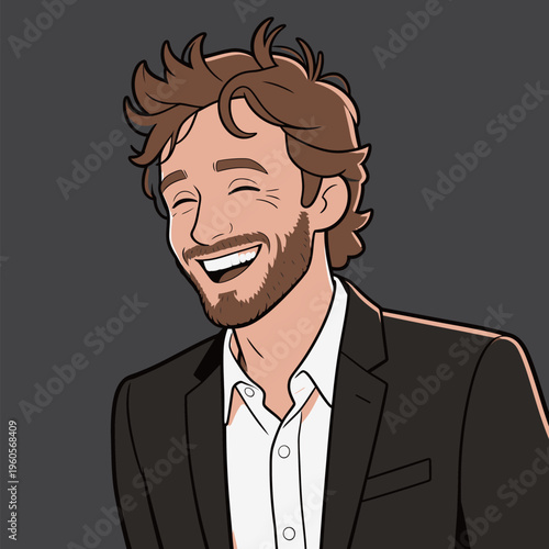 Man laughs while wearing a black suit and white shirt with brown hair styled in a playful way during a casual moment indoors