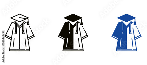 Graduation Gown and Cap Icon Set, Academic Robe and Mortarboard Vector Illustration for Ceremony, University Student Achievement Symbols, Minimalist 
