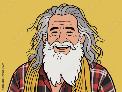 Elderly man with long gray hair and beard smiles while wearing a checkered shirt and yellow scarf against a bright background
