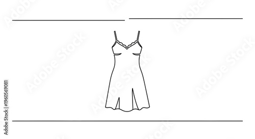 Minimalist black line drawing of an elegant women's camisole slip dress with delicate lace details