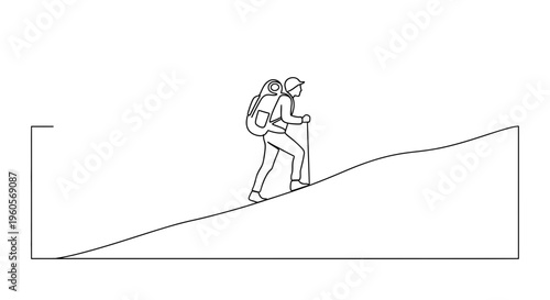 Minimalist vector outline of a person ascending a mountainous trail with gear