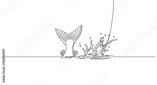 Minimalist continuous line drawing of a fish tail making a lively splash with a fishing line
