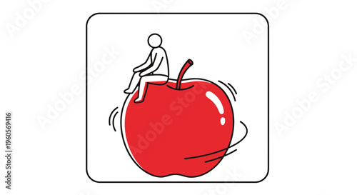 Playful minimalist illustration of a stick figure person sitting atop a vibrant red apple with