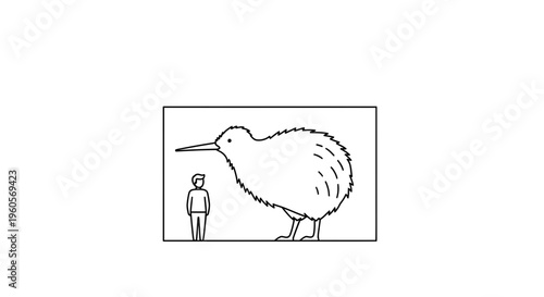 A large flightless bird stands next to a small human figure in a minimalist outline illustration