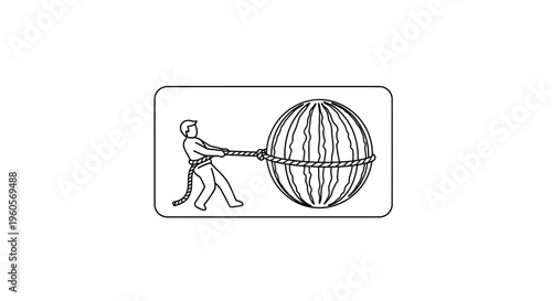 Minimalist line art showing a person’s determined effort to move an enormous striped fruit with a