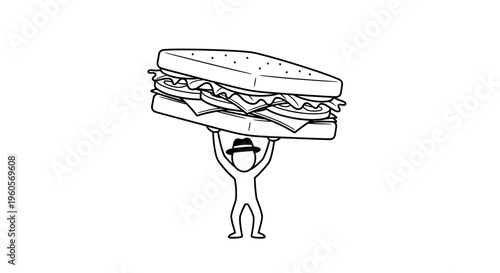 Whimsical illustration of a tiny character hoisting a colossal sandwich overhead