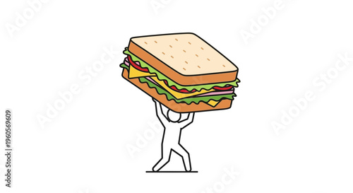Minimalist illustration of a tiny figure exerting strength to hoist a giant deli sandwich overhead