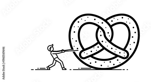 Small person pulling an enormous pretzel, illustrating the immense effort involved in daily tasks