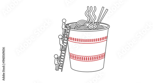 Three determined figures ascend a large ladder towards a steaming cup of instant ramen noodles for