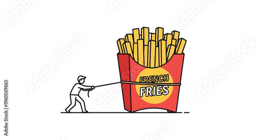 Minimalist illustration of a small person exerting great effort to pull a large container of