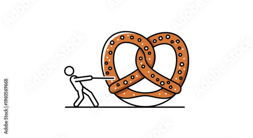 Minimalist outline drawing of a person putting effort into moving an oversized delicious pretzel