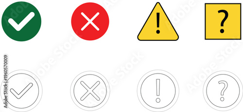 A set of eight icons in various colors and styles for indicating confirmation, rejection, warning, and questioning on isolated white background